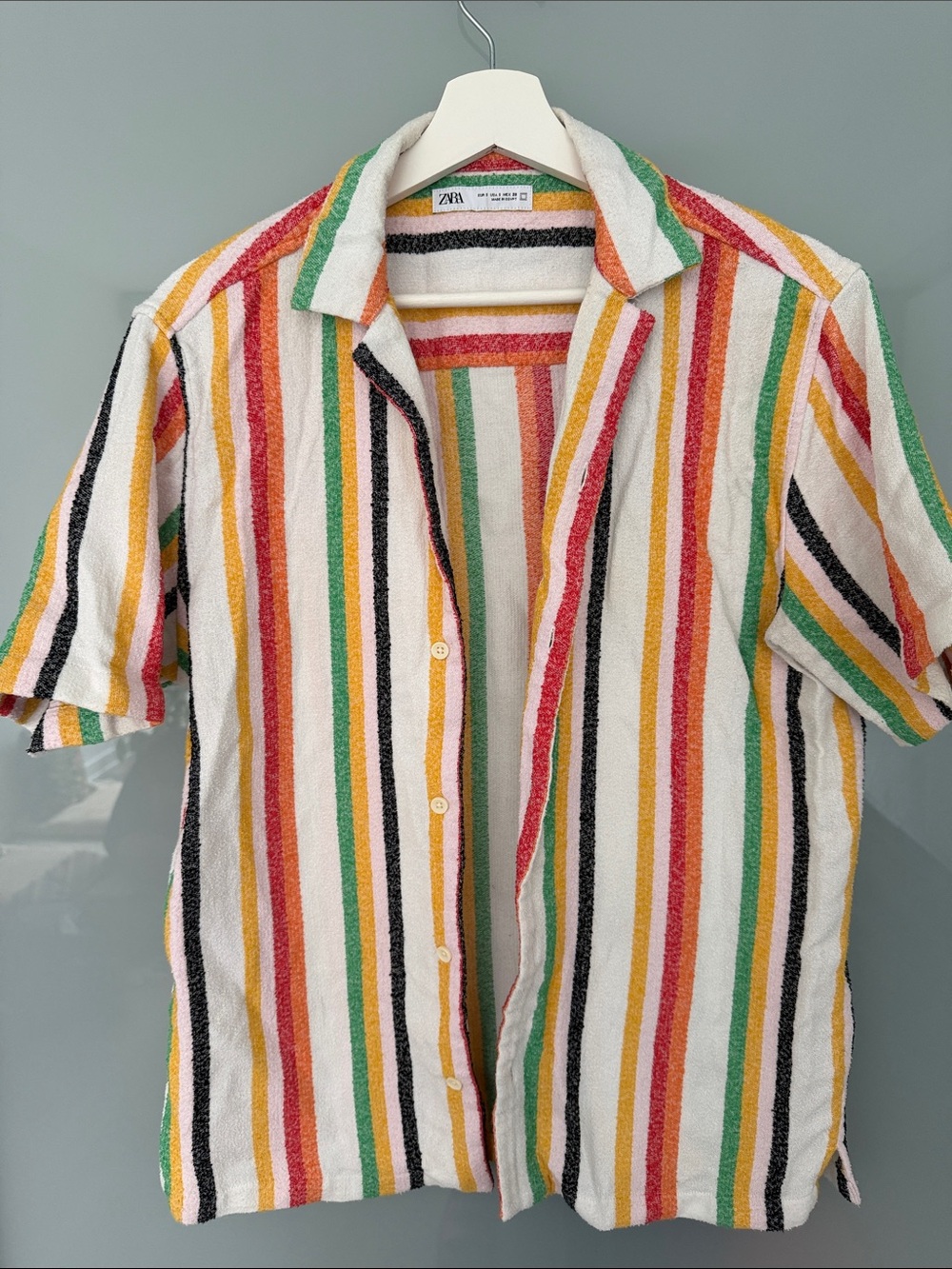 Zara Short-Sleeve Multicolor Vertical Stripe Button-Down Shirt